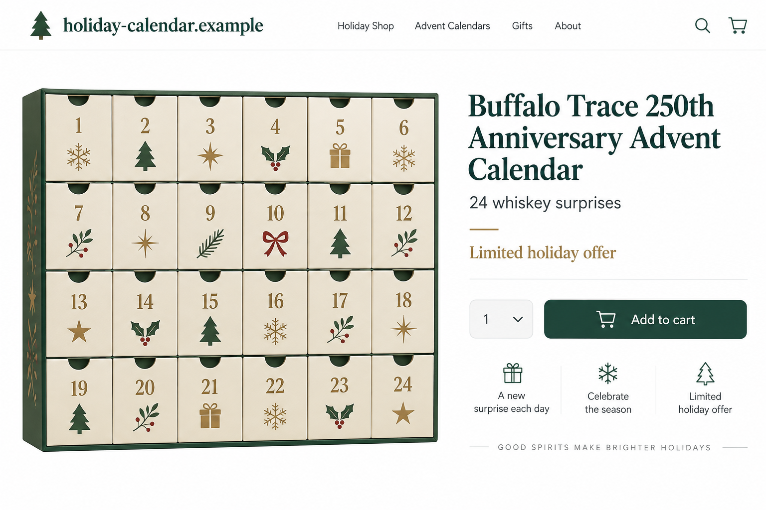 Illustrative storefront advertising an unauthorized Buffalo Trace anniversary advent calendar on a fictional domain