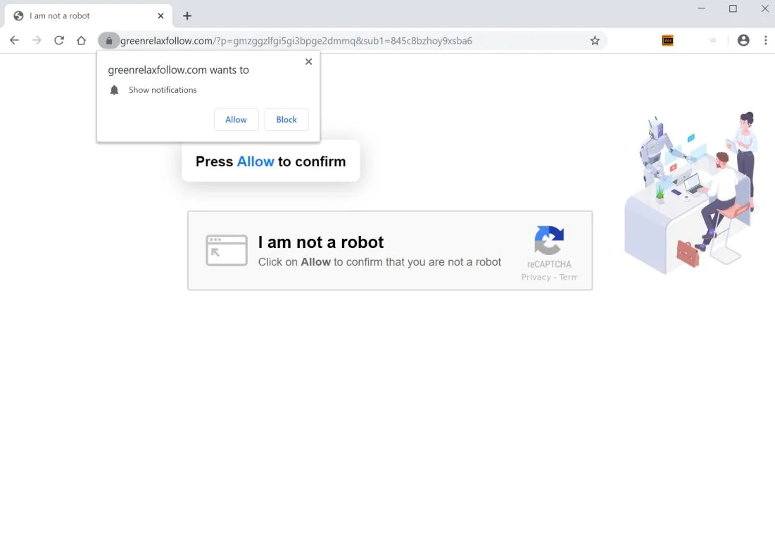 Image: Chrome browser is redirected to Greenrelaxfollow.com