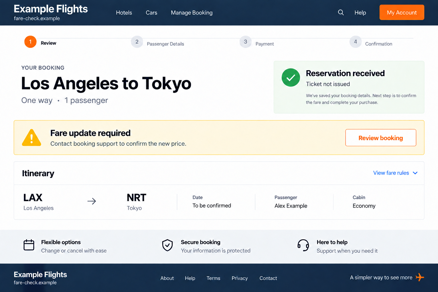 Cheap Tokyo Flight Scam: Fake Fares Become Unexpected Extra-Payment Calls 1 Illustrative fictional flight-booking interface showing a Tokyo reservation, an unissued ticket and a demand to review a changed fare