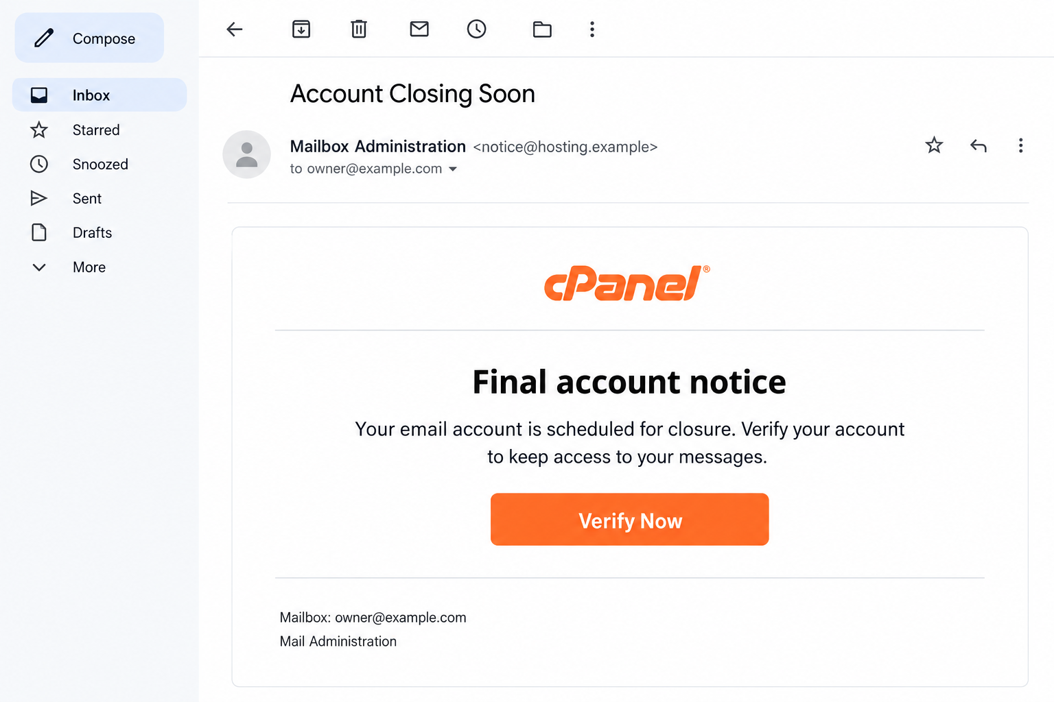 Illustrative Account Closing Soon email with cPanel branding and a Verify Now button using fictional contacts