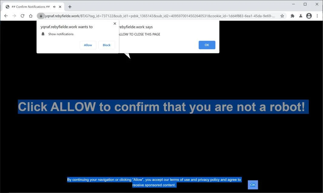 Remove Rebyfielde.work pop-up ads (Virus Removal Guide) 1 Image: Chrome browser is redirected to Rebyfielde.work