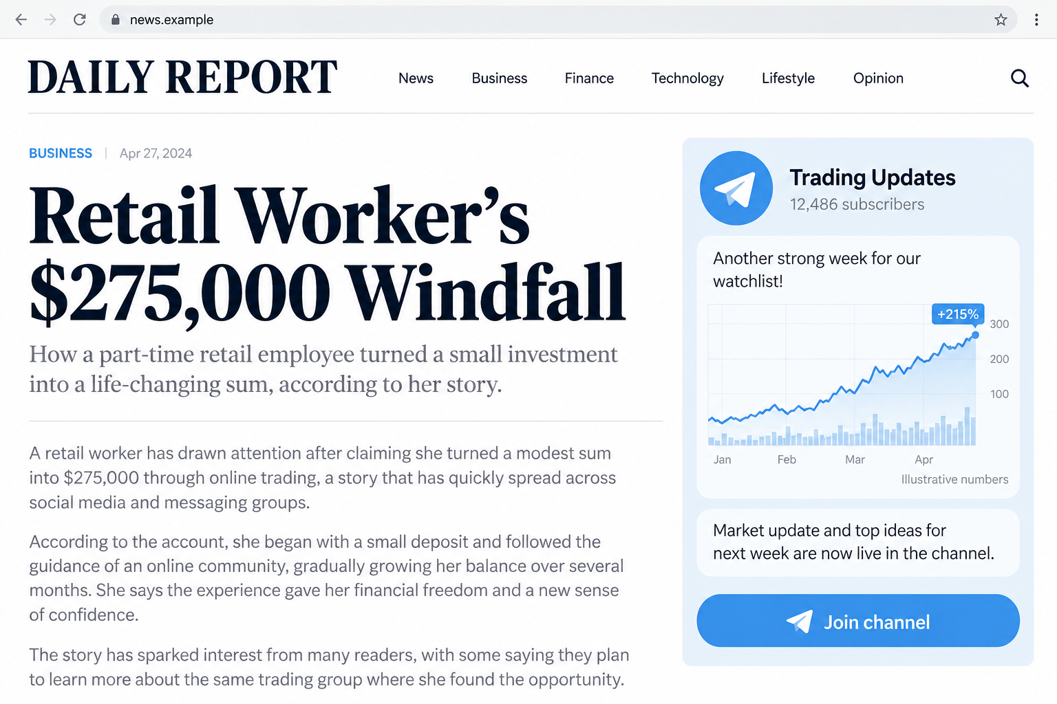 Illustrative fictional news page linking a retail worker windfall story to a trading channel