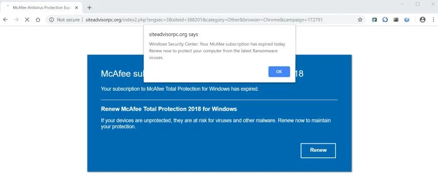 siteadvisorpc.org redirect virrus