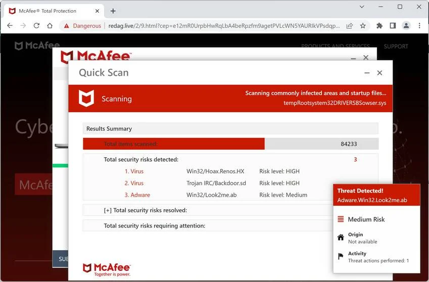 Image: Redag.live Fake McAfee Virus Alert