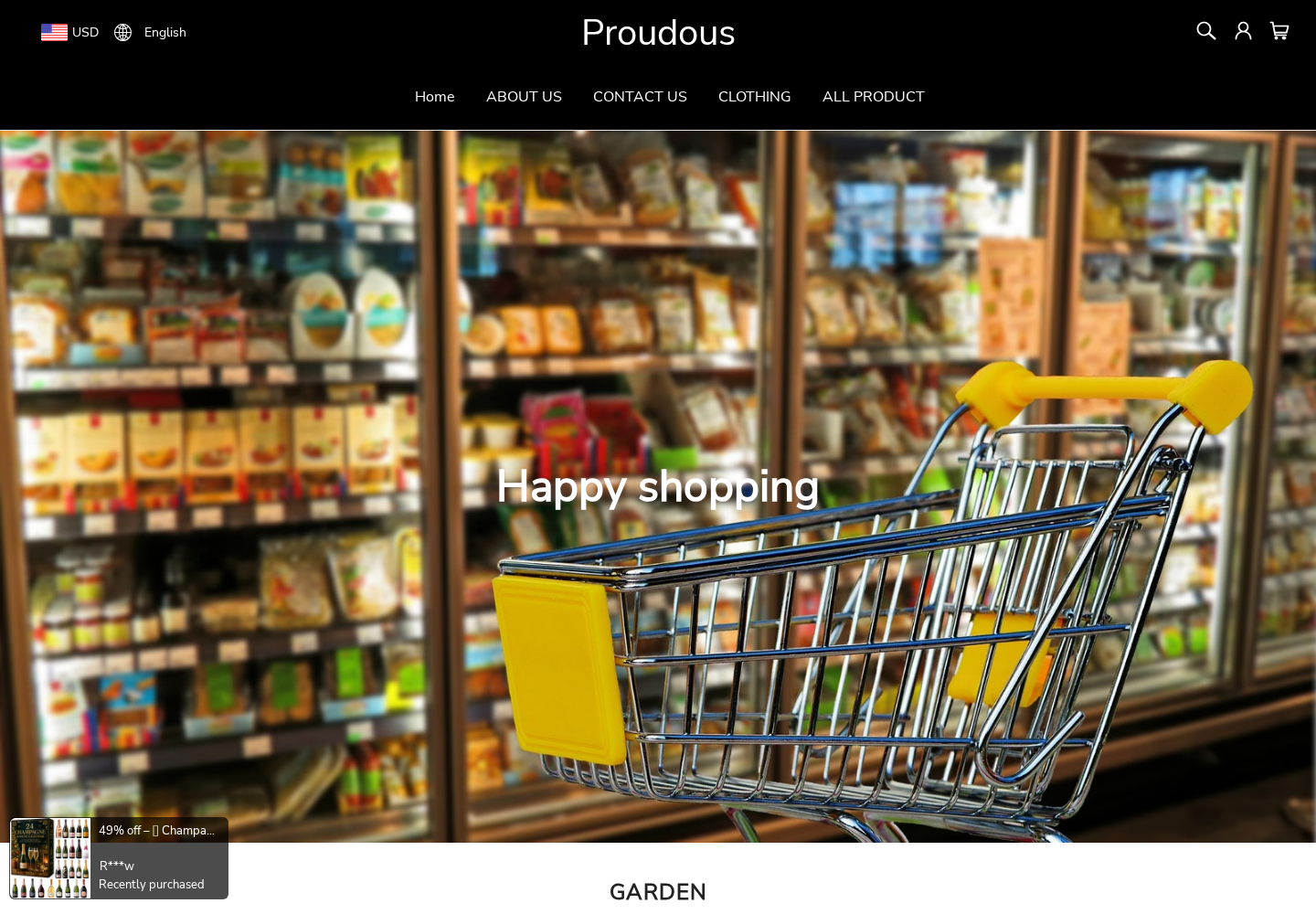 Proudous online storefront with its brand navigation, shopping-cart hero image, and product categories