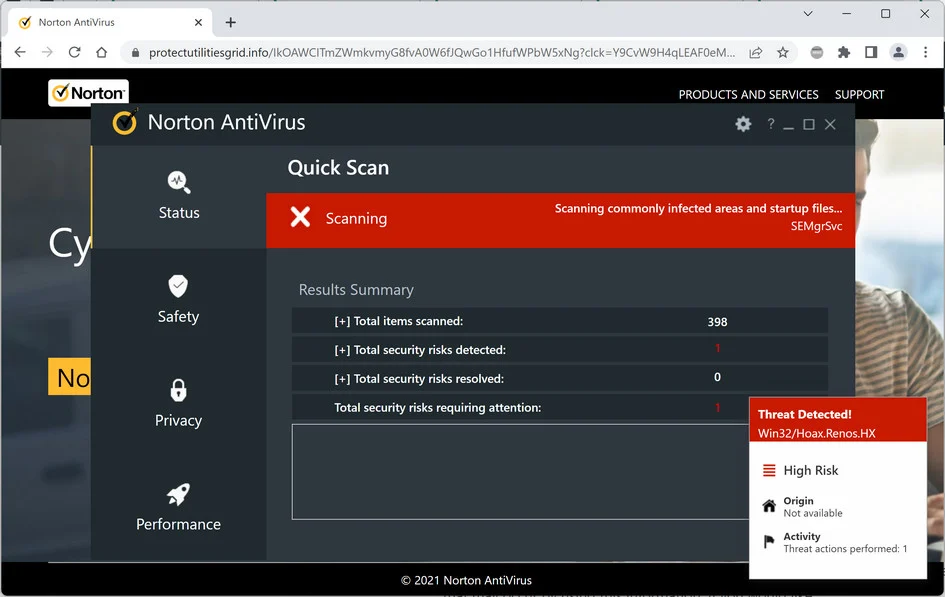 Image: Protectutilitiesgrid.info Fake McAfee Virus Alert