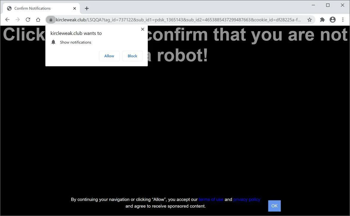 Image: Chrome browser is redirected to Kircleweak.club
