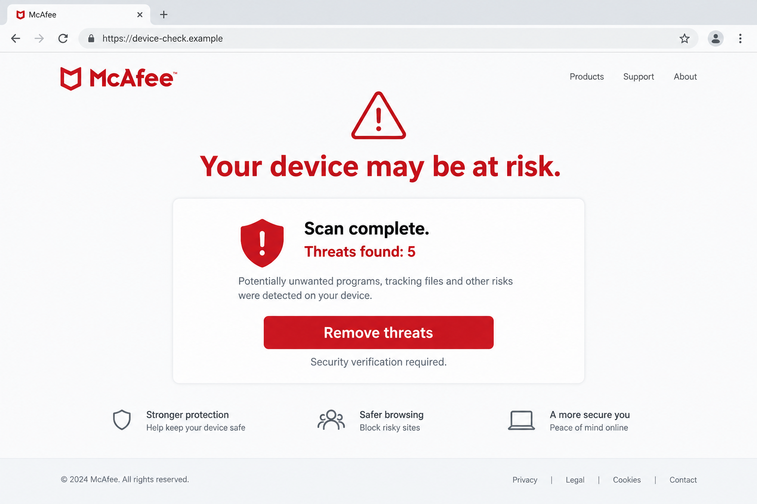 Illustrative browser warning impersonating McAfee with a fictional threat count and Remove Threats button on an example domain