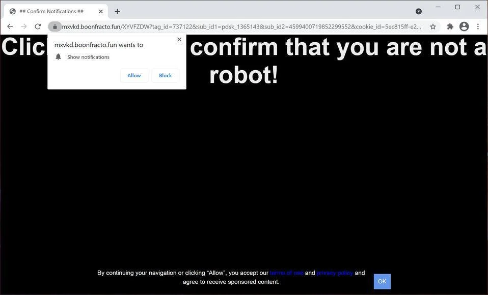 Remove Boonfracto.fun pop-up ads (Virus Removal Guide) 1 Image: Chrome browser is redirected to Boonfracto.fun