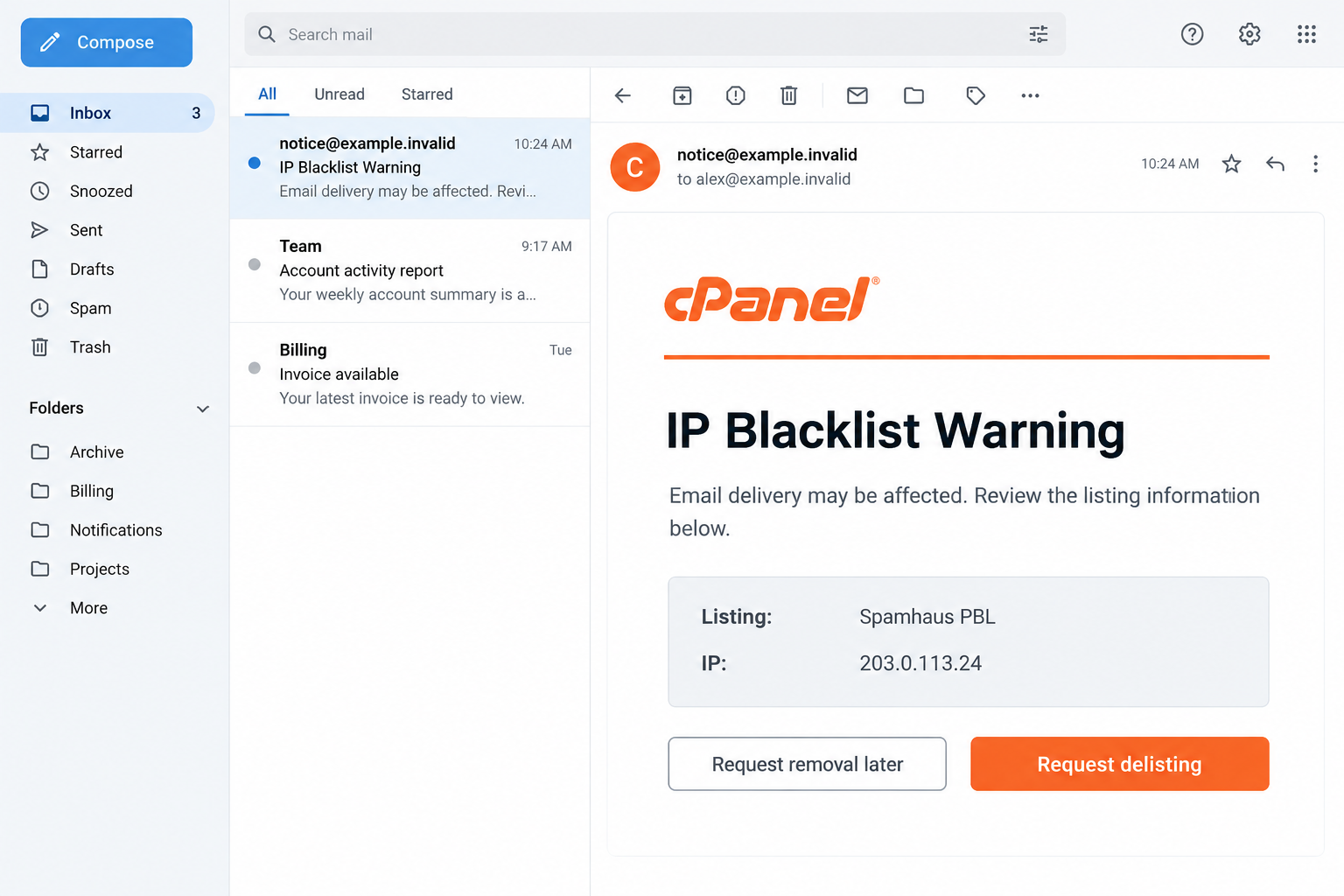 Illustrative cPanel-themed blacklist email with a Spamhaus PBL claim and delisting buttons