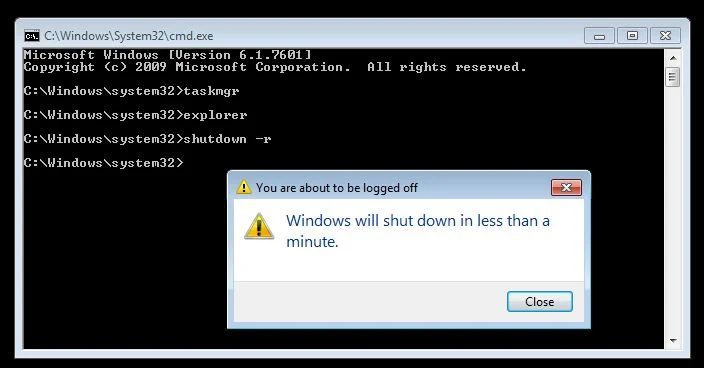 Type shutdown -r in Command Prompt to restart Windows Type shutdown -r in Command Prompt