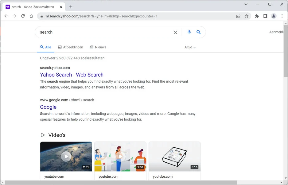 Image: Chrome browser is redirected to NL.Search.Yahoo.com