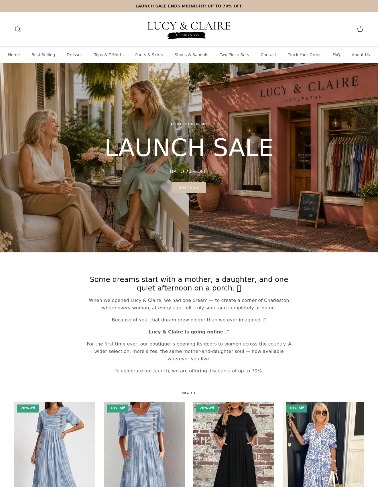 Lucy and Claire Charleston storefront page promoting a mother-and-daughter boutique and a 70% launch sale