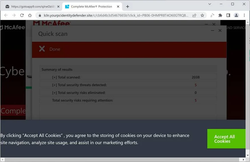 Screenshot of Yourpcidentitydefender.site Fake Antivirus Scan