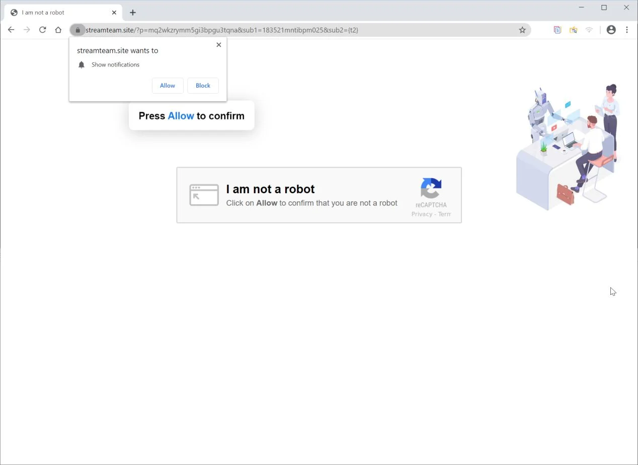 Image: Chrome browser is redirected to Streamteam.site