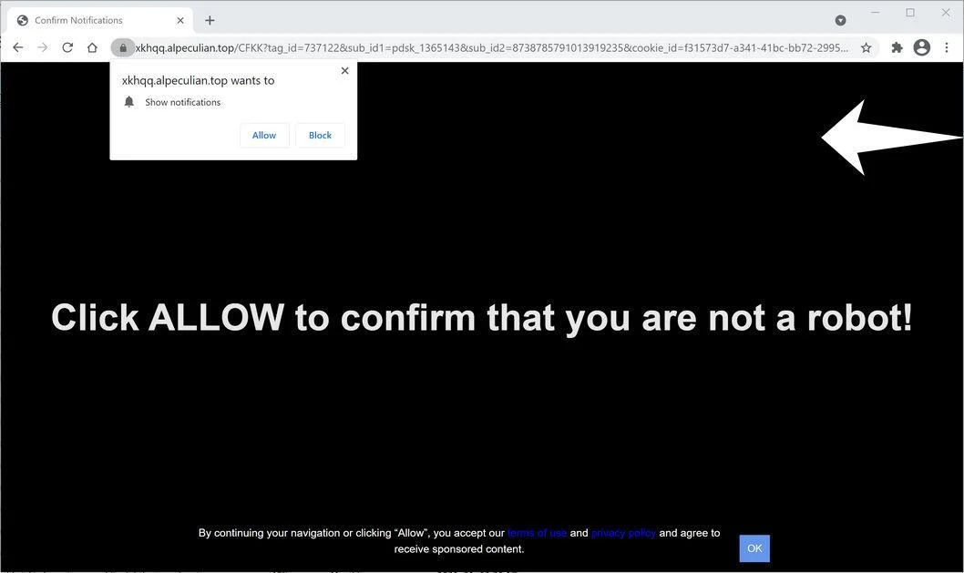 Remove Alpeculian.top pop-up ads (Virus Removal Guide) 1 Image: Chrome browser is redirected to Alpeculian.top