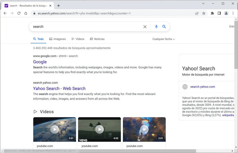 Image: Chrome browser is redirected to ES.Search.Yahoo.com