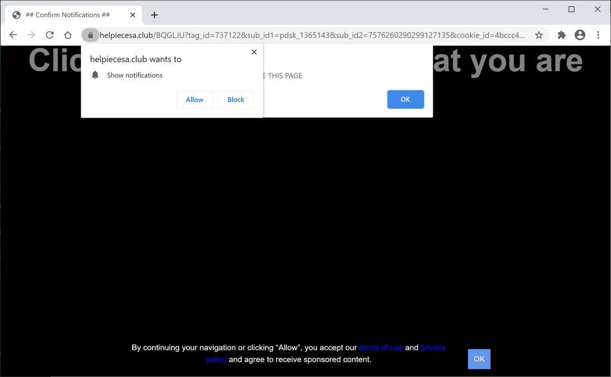 Remove Helpiecesa.club pop-up ads (Virus Removal Guide) 1 Image: Chrome browser is redirected to Helpiecesa.club