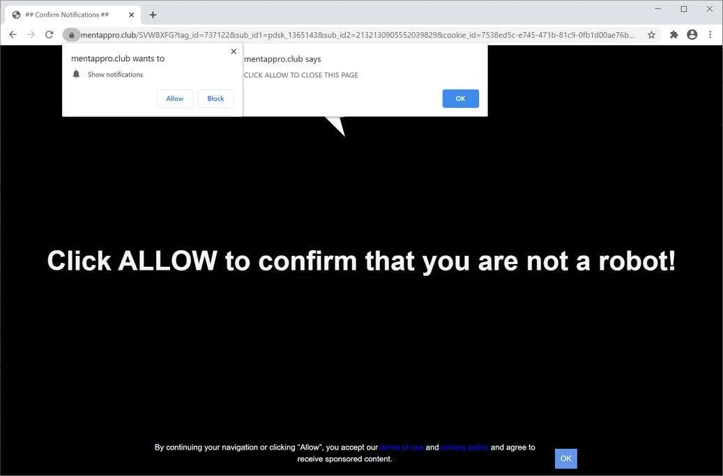 Image: Chrome browser is redirected to Mentappro.club