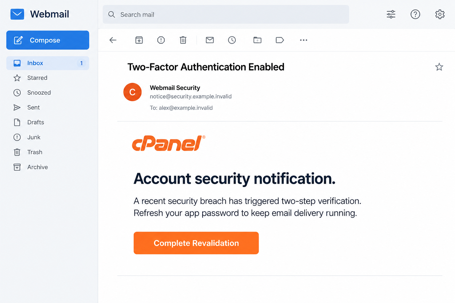 Illustrative cPanel security breach email asking the recipient to complete password revalidation