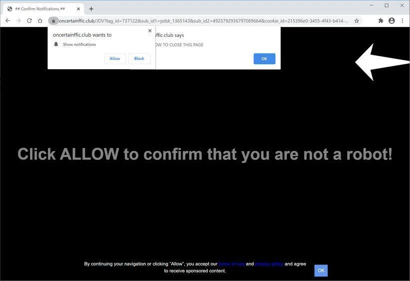 Remove Oncertainffic.club pop-up ads (Virus Removal Guide) 1 Image: Chrome browser is redirected to Oncertainffic.club