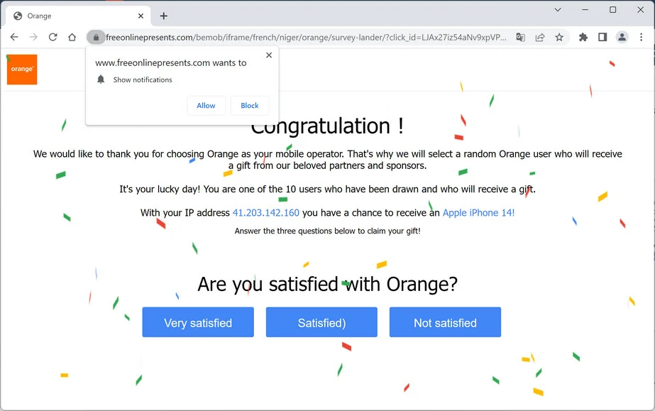 Image: Chrome browser is redirected to Freeonlinepresents.com