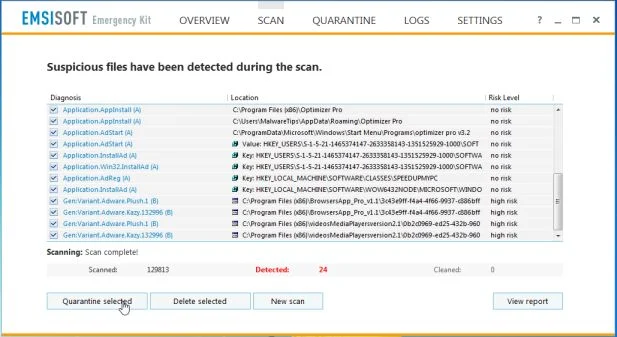 Quarantine the malicious files Emsisoft Emergency Kit malware removal