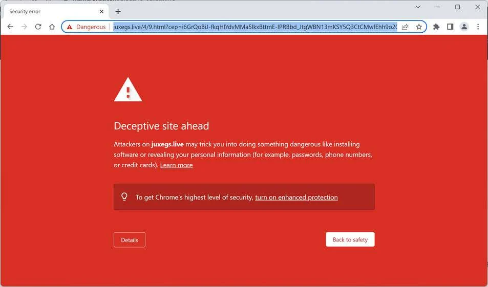 Image: Chrome browser is redirected to Juxegs.live