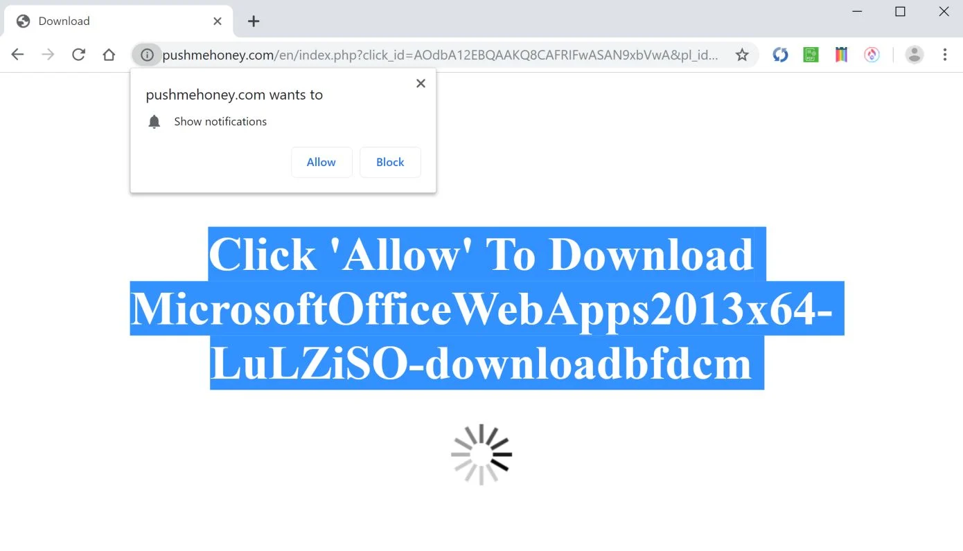 Image: Chrome browser is redirected to Pushmehoney.com