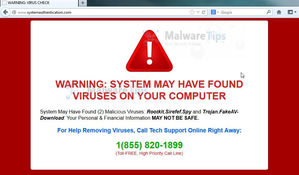 [Image: Systemauthenticator.com pop-up virus]
