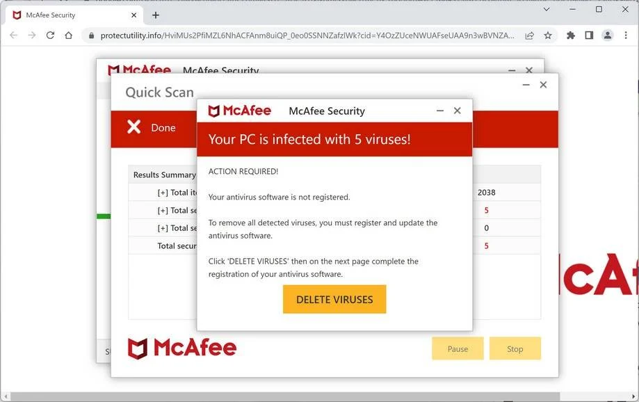Image: Protectutility.info Fake McAfee Virus Alert
