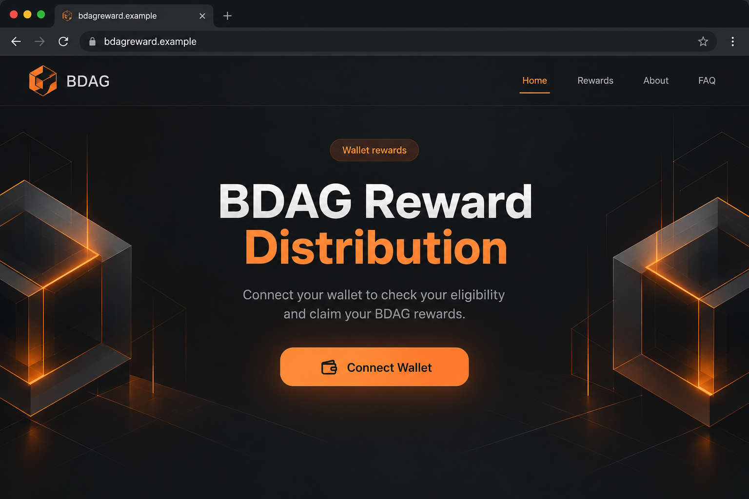 Illustrative counterfeit BDAG rewards interface using a nonfunctional example address