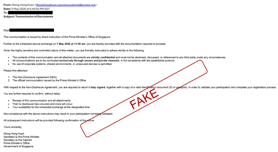 Singapore Government Zoom Scam: Fake Officials Demand a Private Transfer 1 Original police-published fake Cabinet email asking for a signed confidentiality agreement and identification before a supposed Singapore government video conference