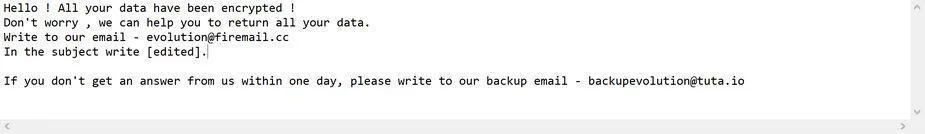 How to remove Evolution ransomware (Virus Removal Guide) 1 Image: Evolution ransomware note