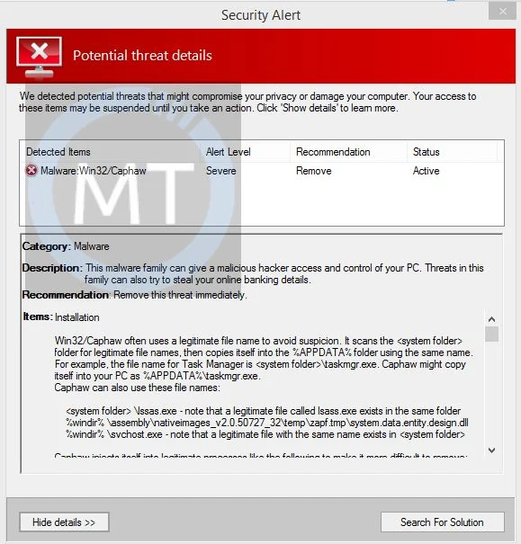 Malware.Win32/Caphaw pop-up virus Malware.Win32/Caphaw virus
