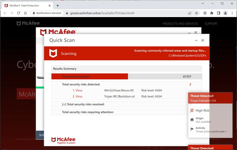 Image: Greatscanforfree.online Fake McAfee Virus Alert