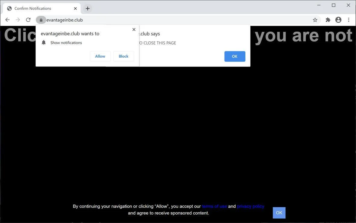 Image: Chrome browser is redirected to Evantageinbe.club