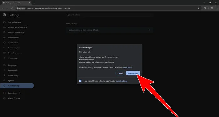Confirm the Chrome reset