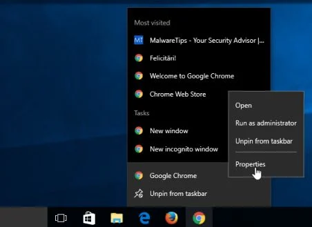 Google Chrome Properties in Taskbar Chrome Properties in Taskbar