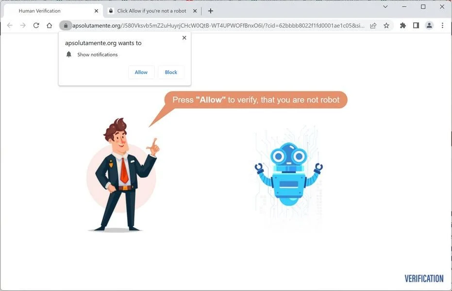 Image: Chrome browser is redirected to Apsolutamente.org
