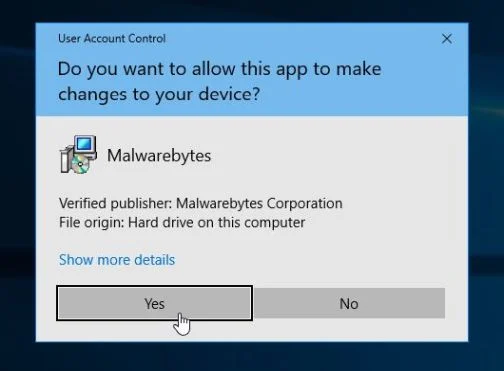 Click Yes to install Malwarebytes Malwarebytes User Account Control Prompt