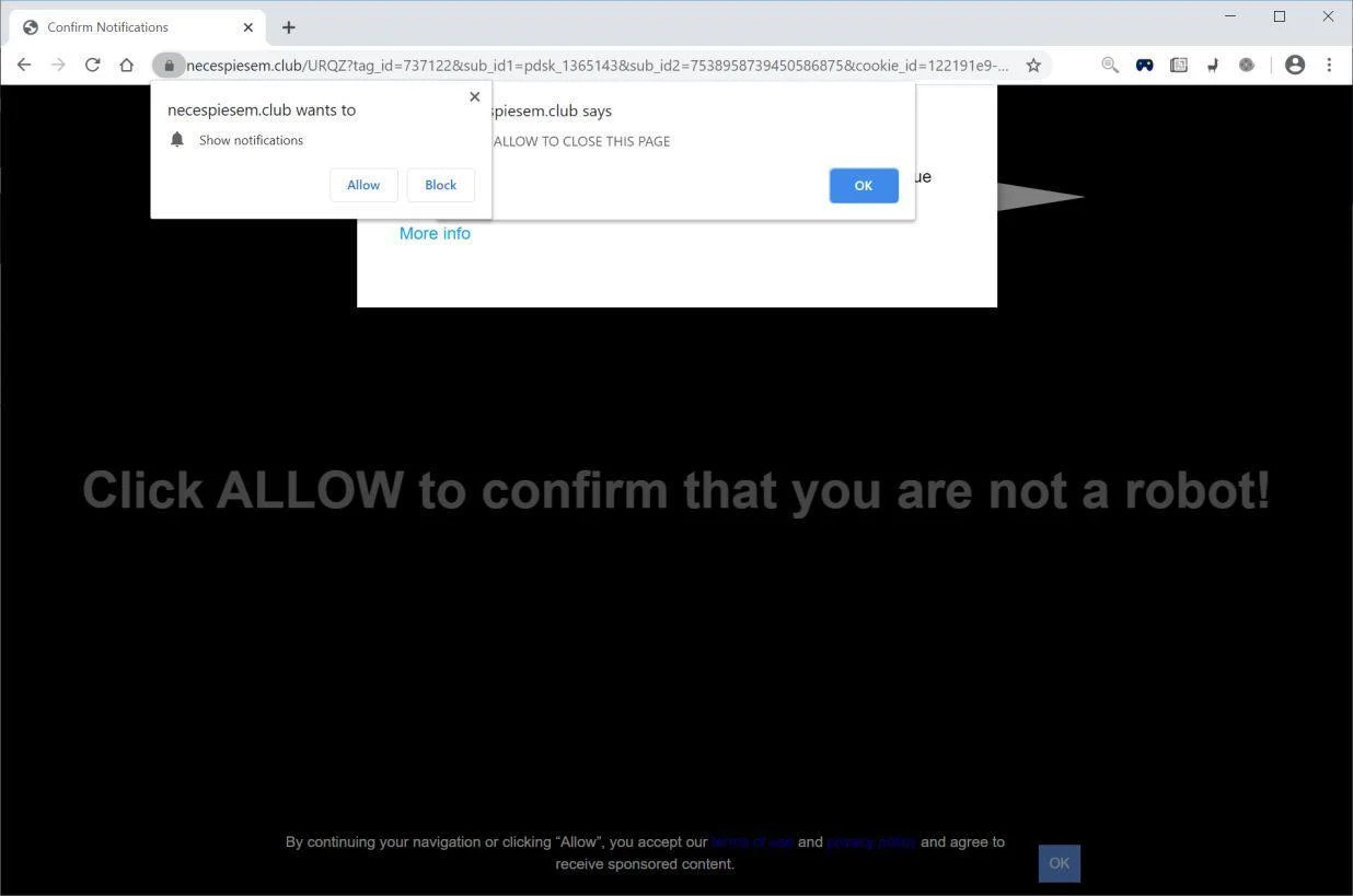 Remove Necespiesem.club pop-up ads (Virus Removal Guide) 1 Image: Chrome browser is redirected to Necespiesem.club