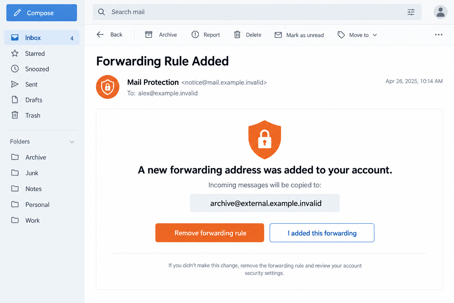 Illustrative Forwarding Rule Added email showing an unfamiliar destination and two account-action buttons
