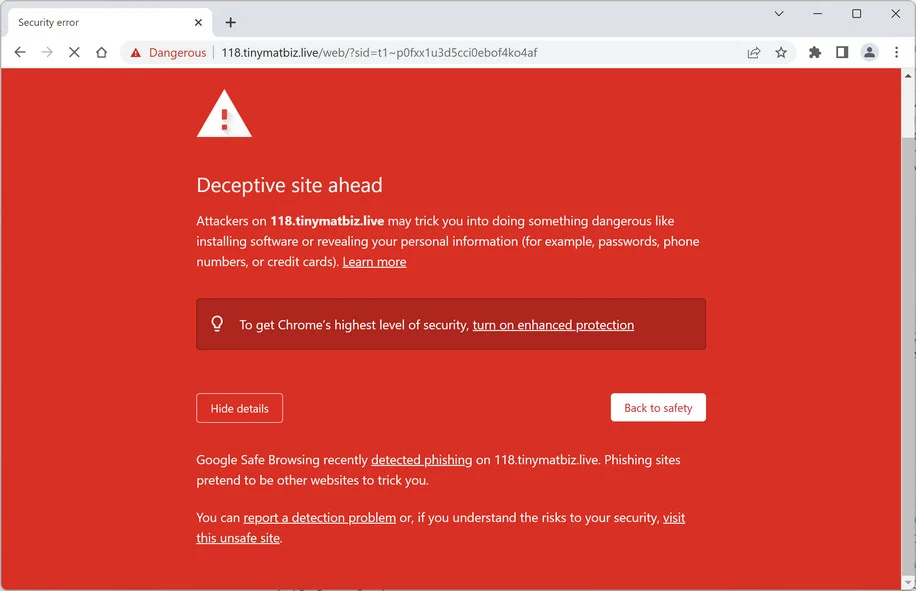 Image: Chrome browser is redirected to Tinymatbiz.live