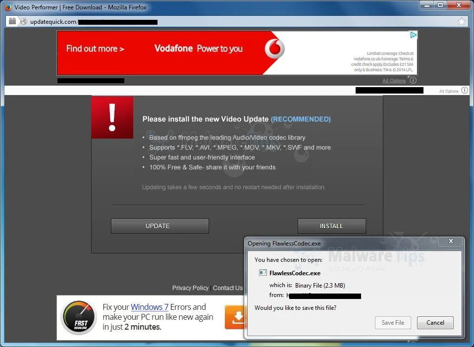 Picture of UpdateQuick.com pop-up virus