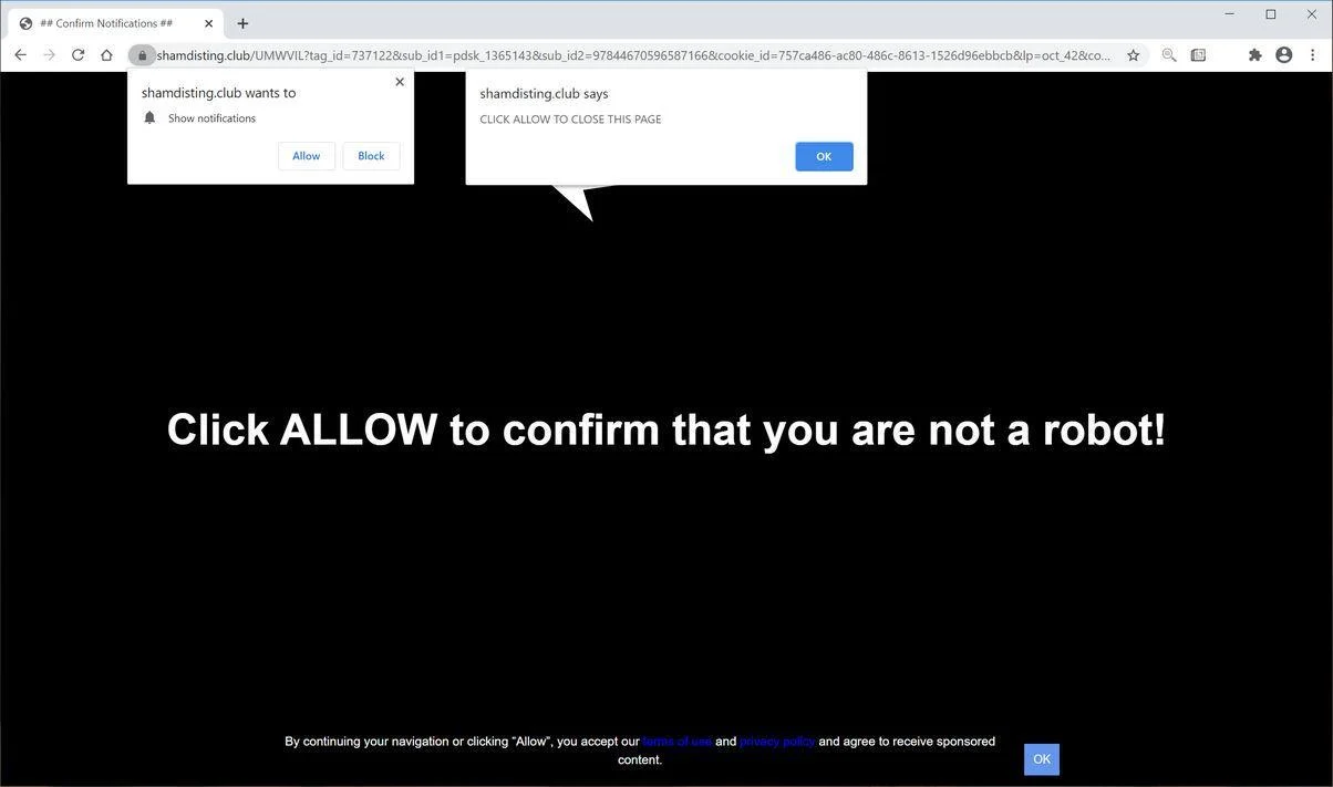 Remove Shamdisting.club pop-up ads (Virus Removal Guide) 1 Image: Chrome browser is redirected to Shamdisting.club
