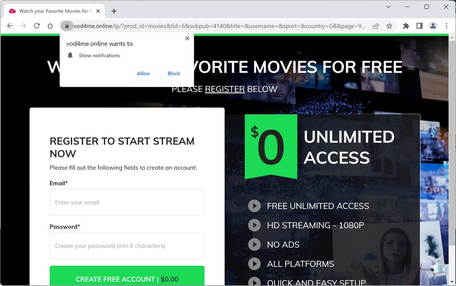 Image: Chrome browser is redirected to Vod4me.online