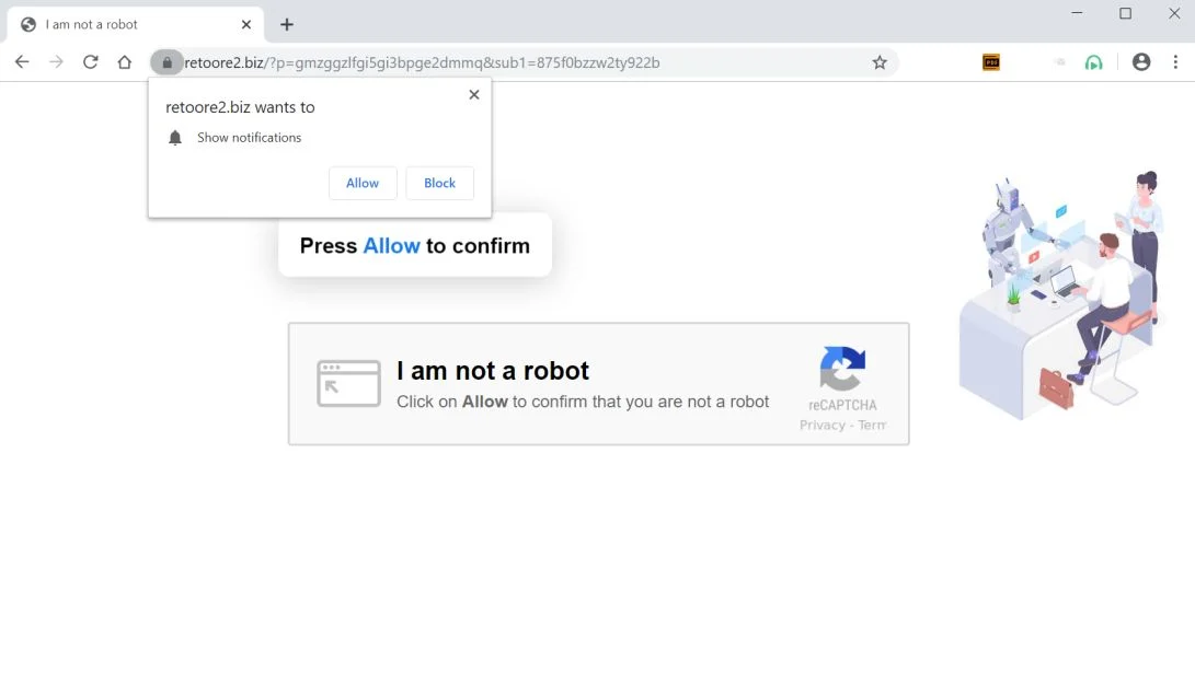 Image: Chrome browser is redirected to Retoore2.biz
