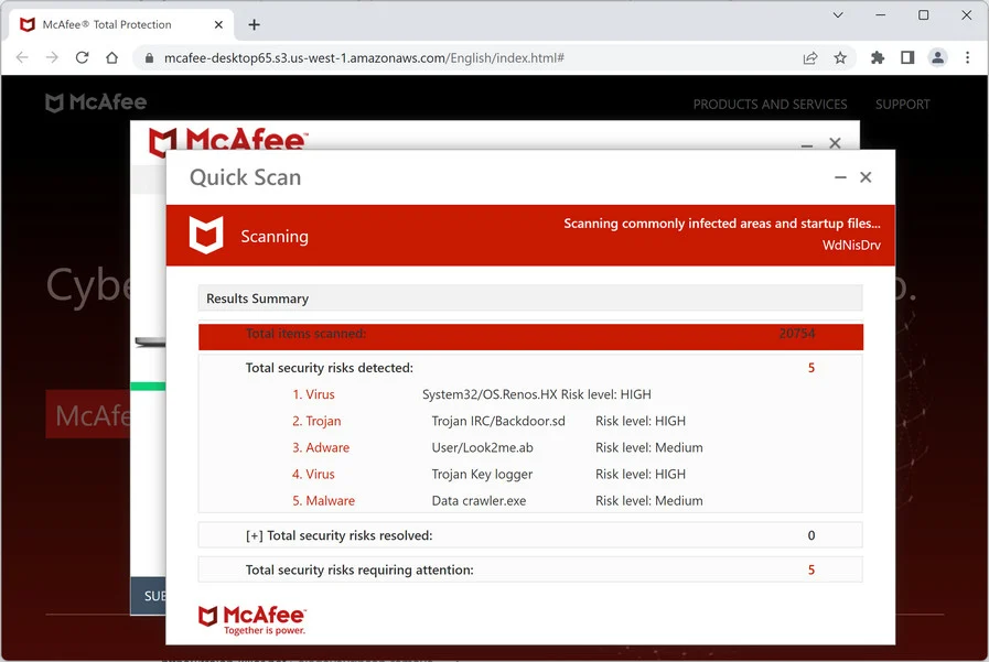 Mcafee-desktop65.s3.us-west-1.amazonaws.com Removal 1 Image: Mcafee-desktop65.s3.us-west-1.amazonaws.com Fake McAfee Virus Alert