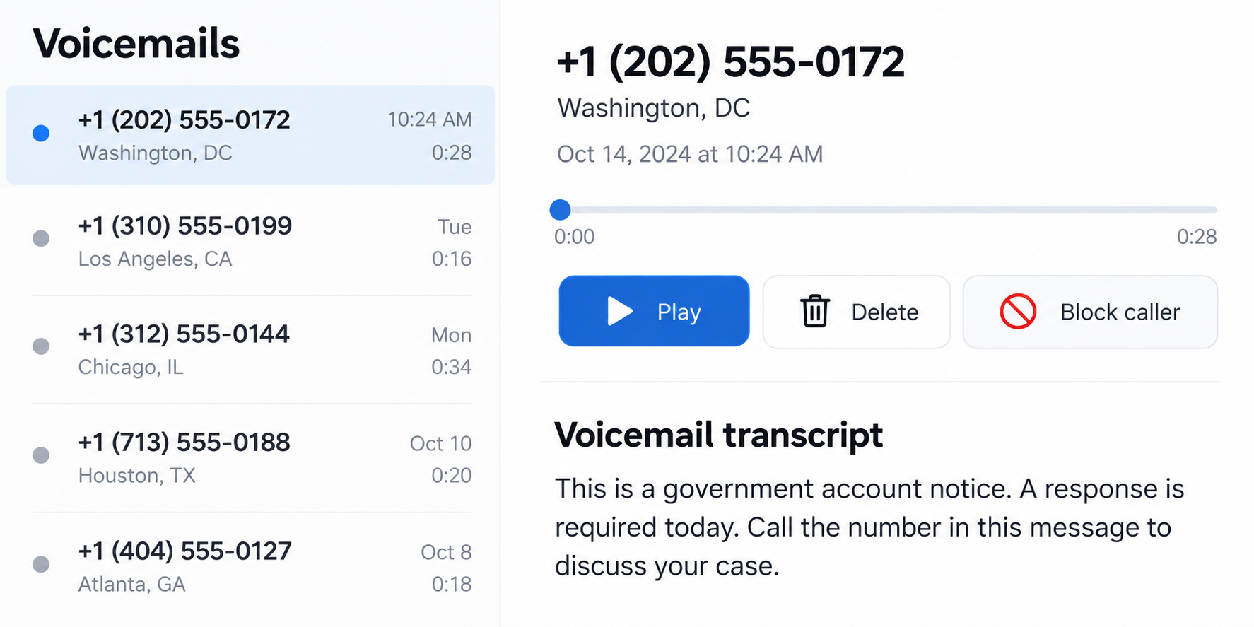 202 Area Code Scam Calls: Why a Washington Number Does Not Prove Identity 1 Illustrative voicemail interface with a reserved 202 example number and an urgent government account message